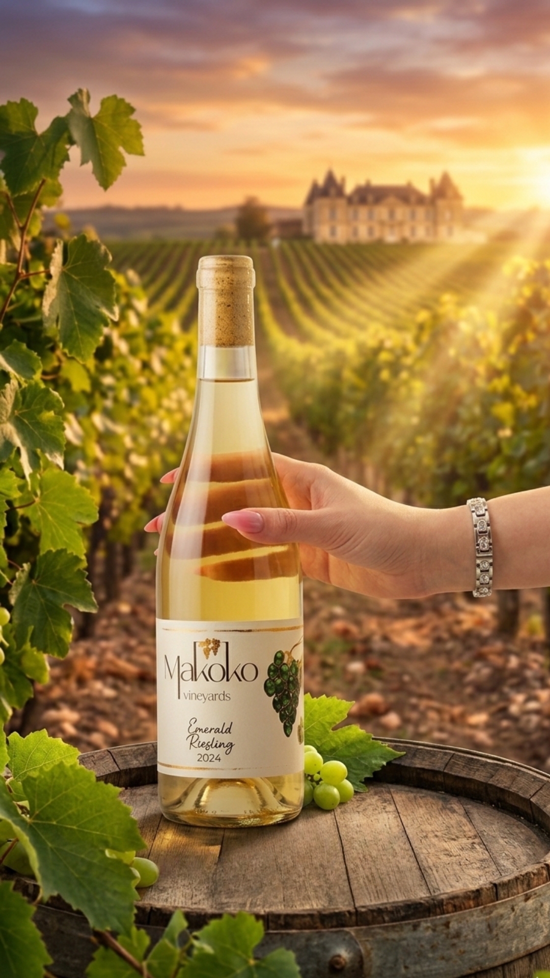 אמרלד ריזלינג יין לבן על רקע כרמים